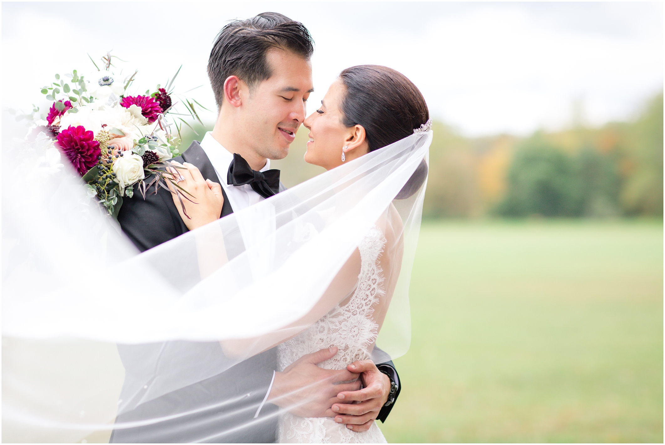 Rainy wedding day bride and groom portraits at Natirar Mansion in New Jersey