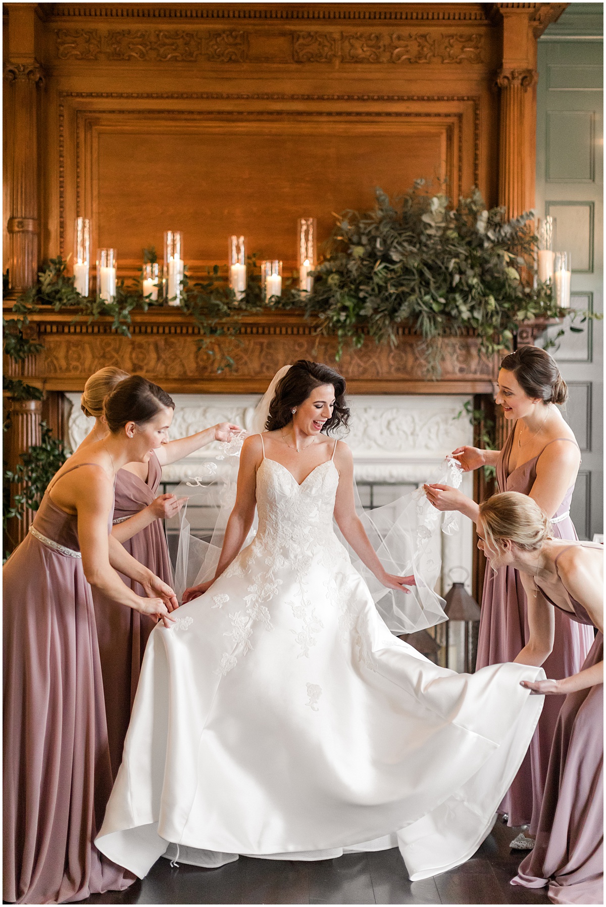 Mauve bridesmaid dresses getting ready with the bride