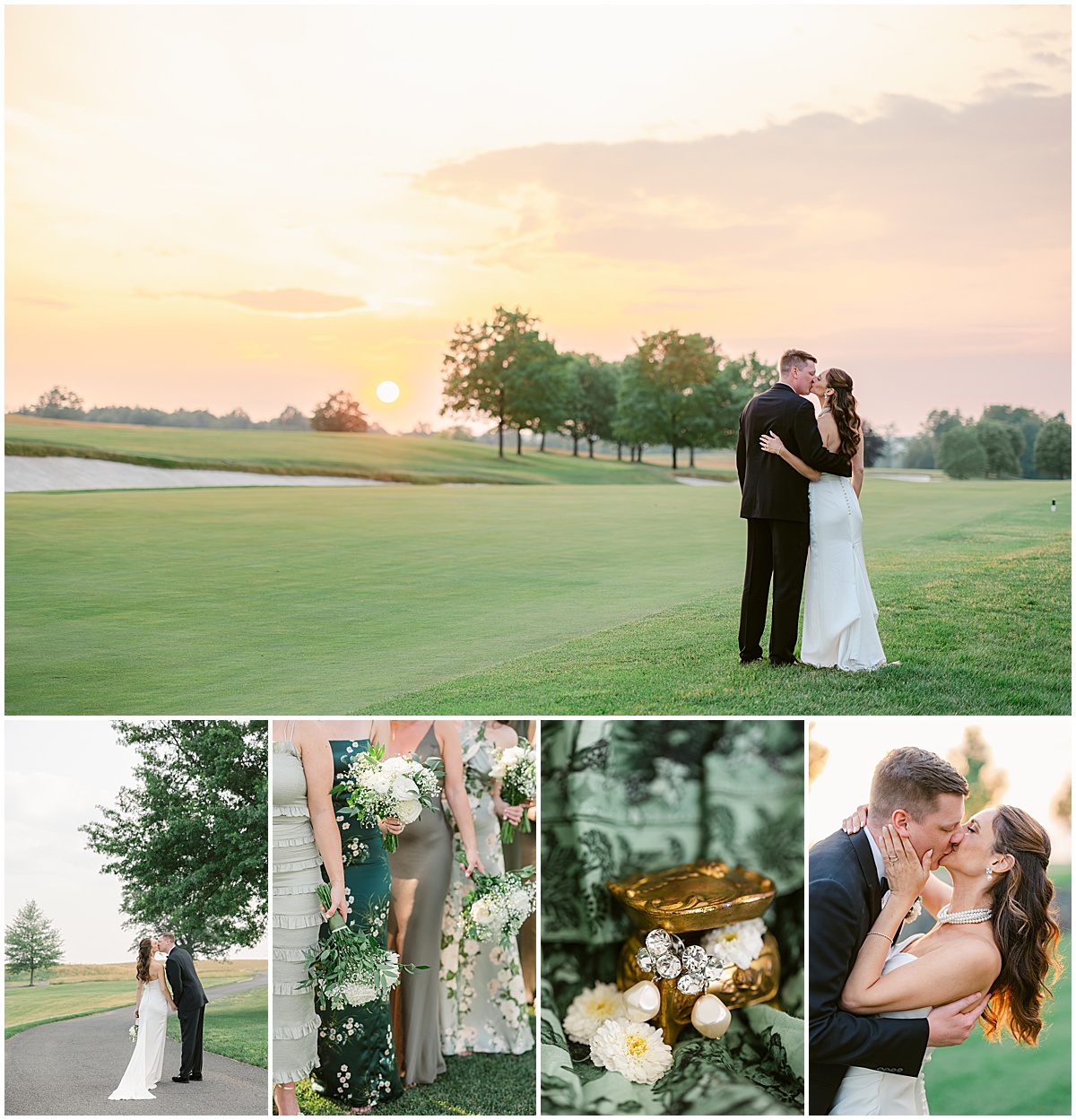 Bride and Groom at sunset at Trump National Bedminster Wedding. Classic, elegant wedding with olive green color palette